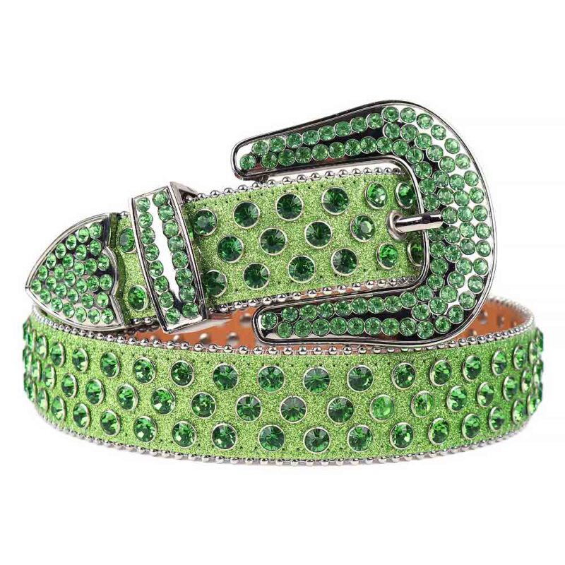 Green Shimmer Leather Strap with Green Color Diamond Rhinestone Belt