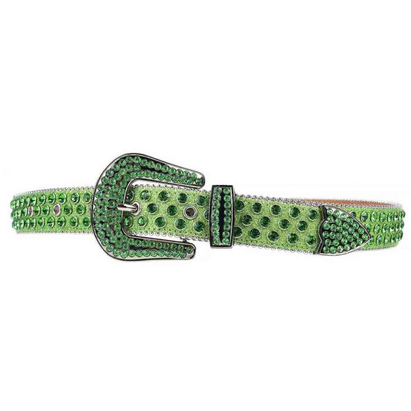Green Shimmer Leather Strap with Green Color Diamond Rhinestone Belt