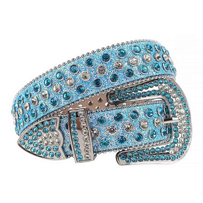 Sky Blue Leather Strap with White and Sky Blue Rhinestone Belt